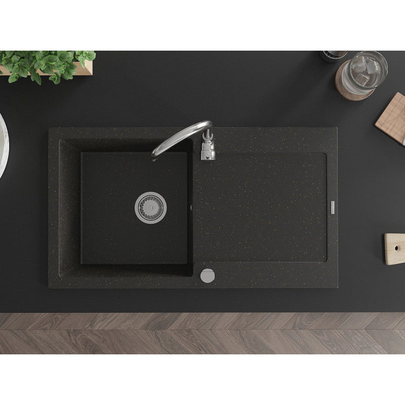 Mexen Leo žulový drez 1-komorový s odkvapkávačom a kuchynskou batériou Telma, čierny/zlatý metalik - 6501-75-670200-00