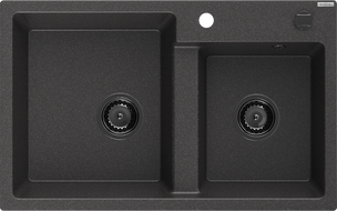 Mexen Tomas, žulový drez s dvoma komorami 800 x 500 mm, čierny bodkovaný, čierny sifón - 6516802000-76-B