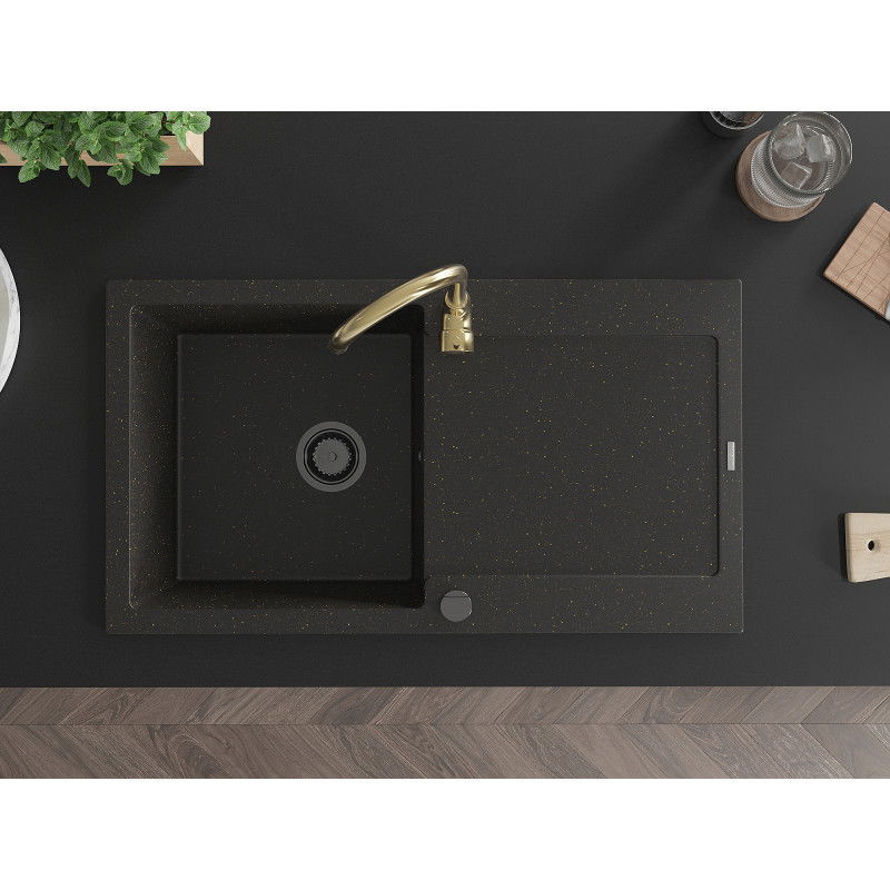 Mexen Leo žulový drez 1-komorový s odkvapkávačom a kuchynskou batériou Telma, čierny/zlatý metalik - 6501-75-670200-50-B