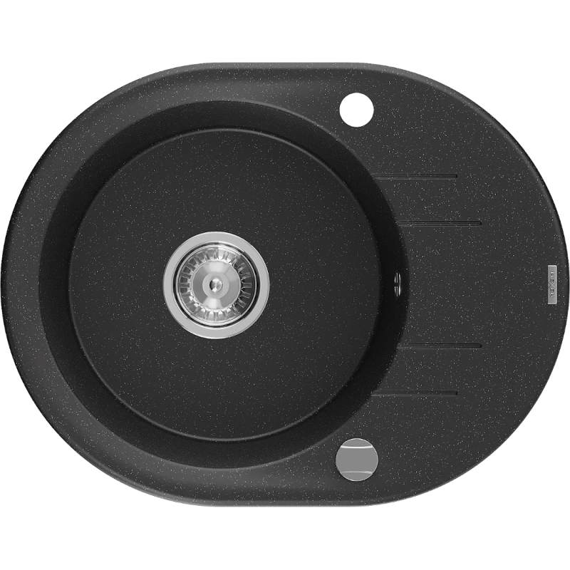 Mexen Kevin Granitový drez s odkvapkávačom, 1-komorový, 586 x 458 mm, čierny/strieborný metalický, chrómový sifón