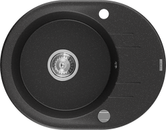 Mexen Kevin Granitový drez s odkvapkávačom, 1-komorový, 586 x 458 mm, čierny/strieborný metalický, chrómový sifón