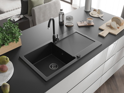 Mexen Leo žulový drez 1-komorový s odkvapkávačom a kuchynskou batériou Telma, čierny - 6501-77-670200-70-B