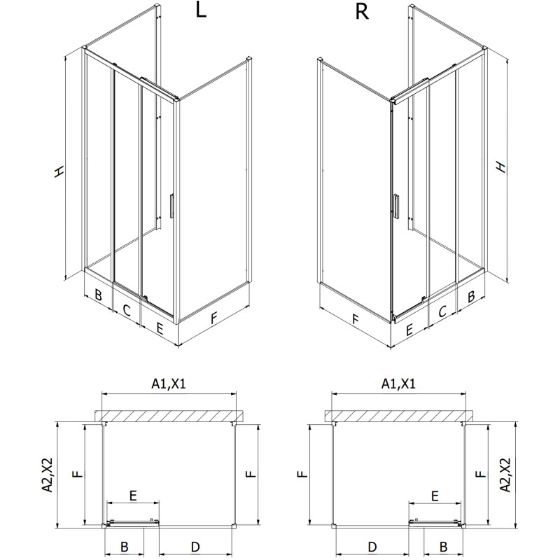 Mexen Exo-3S 3S sprchový kút 3-stenový posuvný 100 x 100 cm, transparentný, čierny - 8153-100-100-70-00-3S