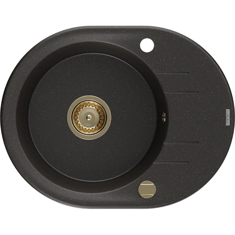 Mexen Kevin granitový drez s jednou komorou a odkvapkávačom 586 x 458 mm, čierny/zlatý metalik, zlatý sifón