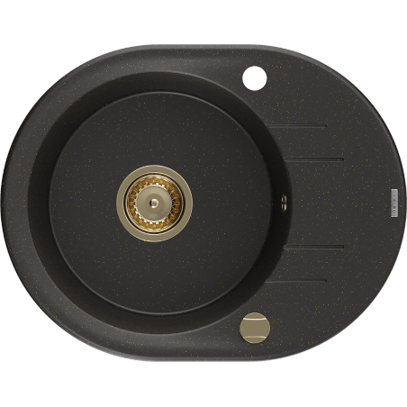 Mexen Kevin granitový drez s jednou komorou a odkvapkávačom 586 x 458 mm, čierny/zlatý metalik, zlatý sifón