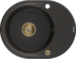 Mexen Kevin granitový drez s jednou komorou a odkvapkávačom 586 x 458 mm, čierny/zlatý metalik, zlatý sifón