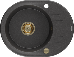 Mexen Kevin granitový kuchynský drez s odkvapkávačom 1-komorový 586 x 458 mm, čierny škvrnitý, sifón zlatý - 6517581005-76-G