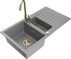 Mexen Matias žulový kuchynský drez 1,5-komorový s odkvapkávačom a kuchynskou batériou Telma, šedý - 6502-71-670200-50