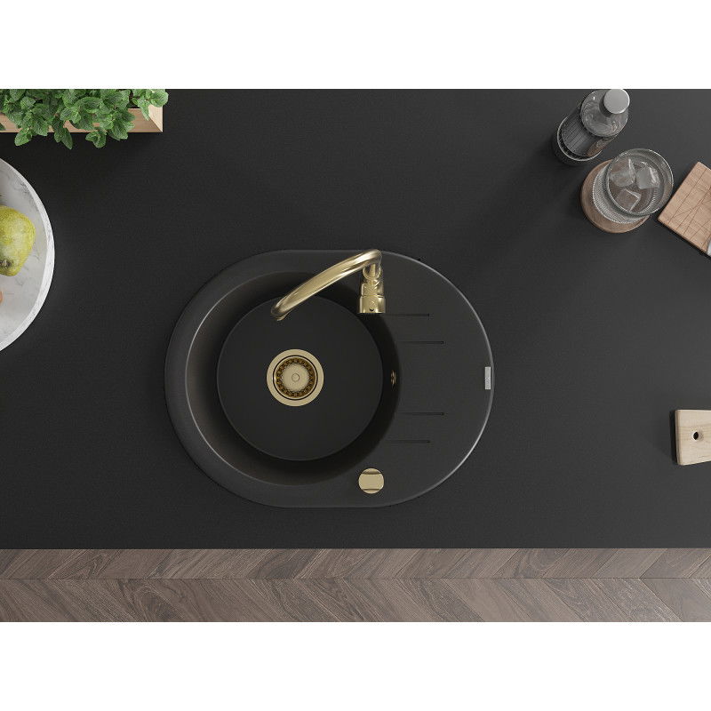 Mexen Kevin žulový kuchynský drez s 1 komorou a odkvapkávačom 586 x 458 mm, čierny, zlatý sifón - 6517581005-77-G