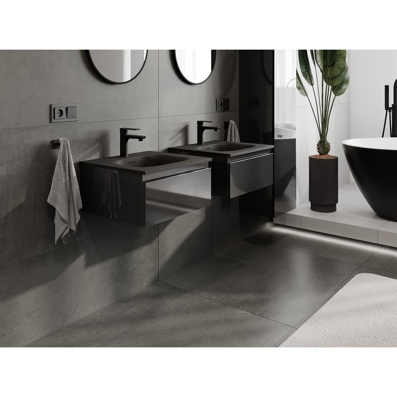 Mexen Orio kúpeľňová skrinka 50 cm s umývadlom Vela, 1 zásuvka, čierny lesk/čierny mat - 91A10-05023-1-BF70-W23M71