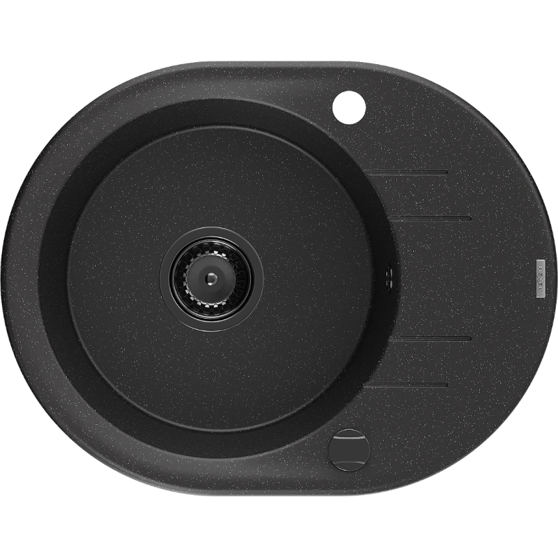 Mexen Kevin granitový drez s jednou komorou a odkvapkávačom 586 x 458 mm, čierny/strieborný metalický, čierny sifón