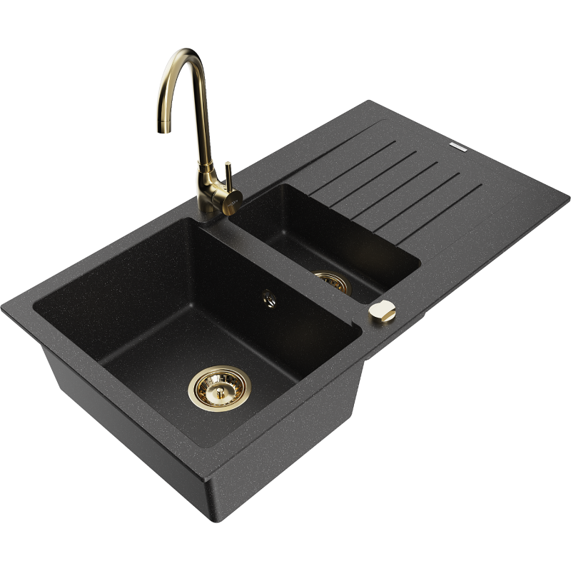 Mexen Matias Granitový drez 1,5-komorový s odkvapkávačom a kuchynskou batériou Telma, čierny/strieborný