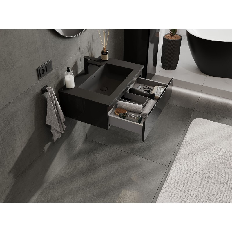 Mexen Orio kúpeľňová skrinka 70 cm s umývadlom Otis, 1 zásuvka, čierny lesk/čierny mat - 91A10-07023-1-BF70-W18M71