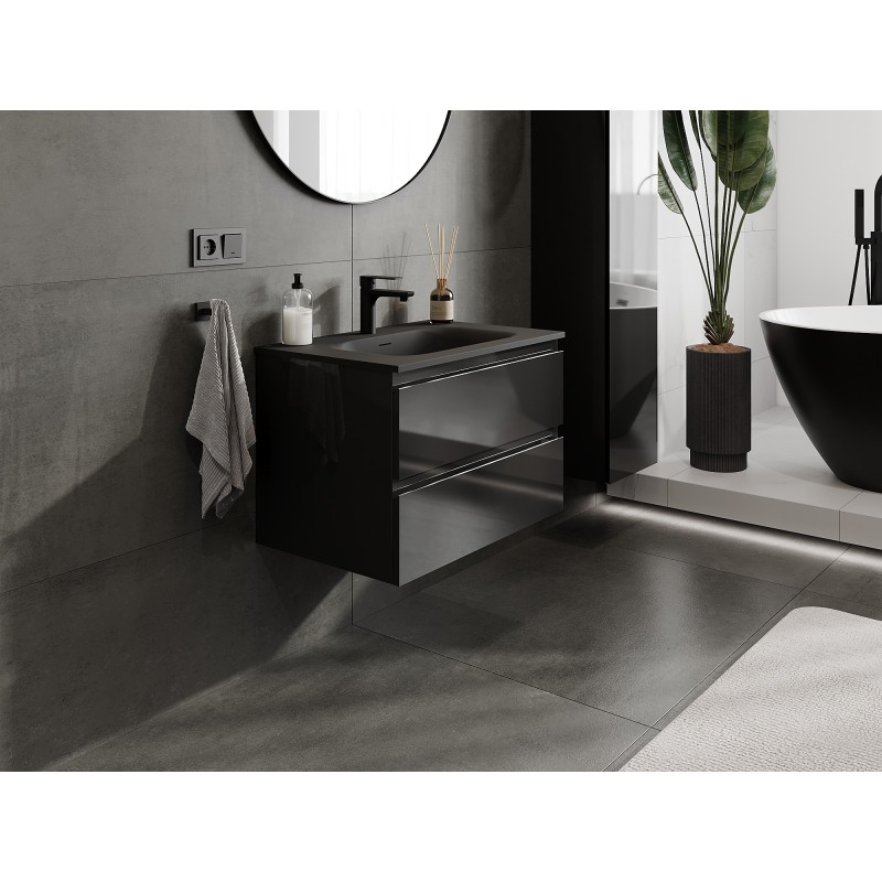 Mexen Orio kúpeľňová skrinka 70 cm s umývadlom Vela, 2 zásuvky, čierny lesk/čierny mat - 91A10-07047-2-BFF70-W23M71