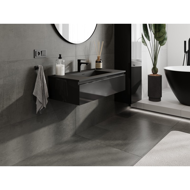 Mexen Orio kúpeľňová skrinka 90 cm s umývadlom Otis, 1 zásuvka, čierny lesk/čierny mat - 91A10-09023-1-BF70-W18M71