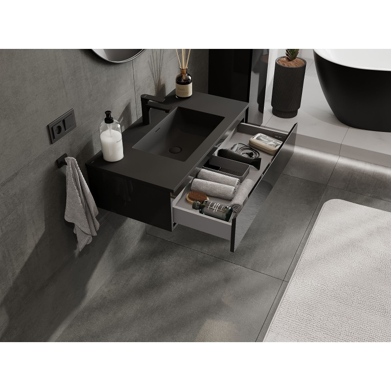 Mexen Orio kúpeľňová skrinka 90 cm s umývadlom Otis, 1 zásuvka, čierny lesk/čierny mat - 91A10-09023-1-BF70-W18M71