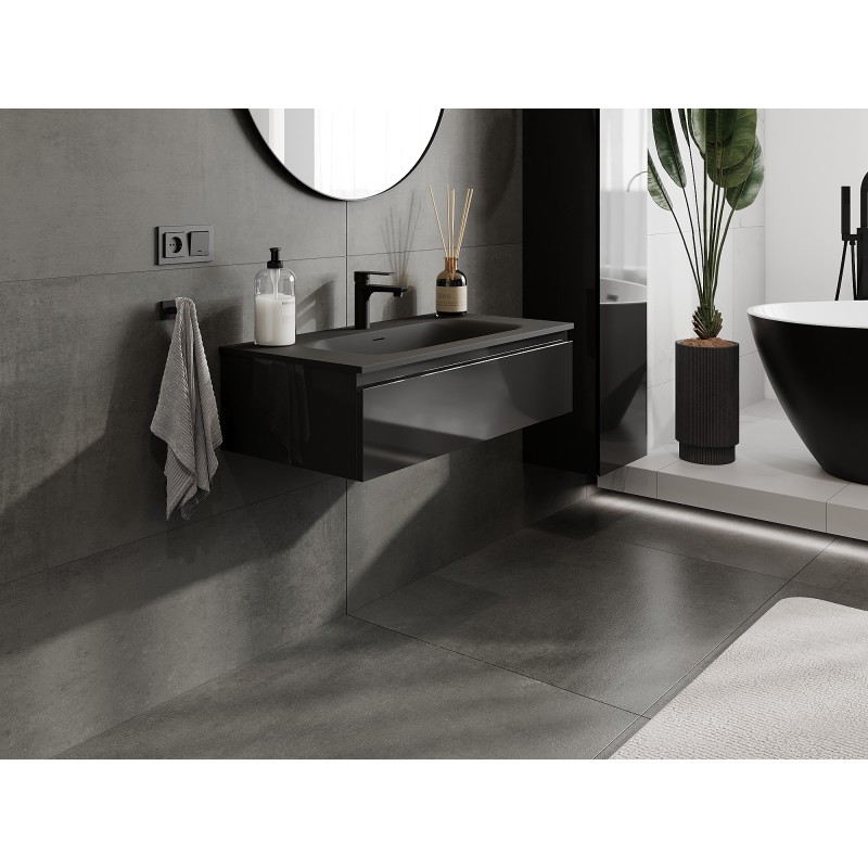 Mexen Orio kúpeľňová skrinka 90 cm s umývadlom Vela, 1 zásuvka, čierny lesk/čierny mat - 91A10-09023-1-BF70-W23M71