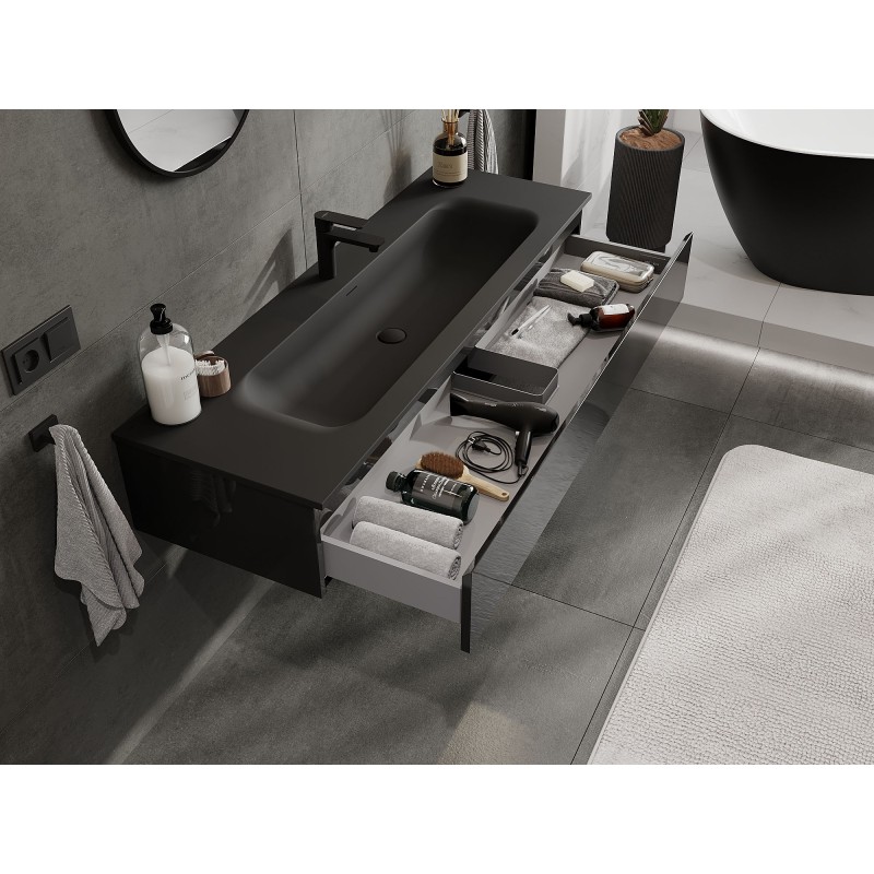 Mexen Orio kúpeľňová skrinka 140 cm s umývadlom Vela, 1 zásuvka, čierny lesk/čierny mat - 91A10-14023-1-BF70-W23M71