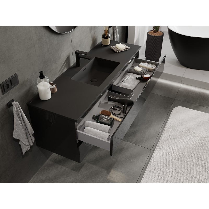 Mexen Orio kúpeľňová skrinka 140 cm s umývadlom Otis, 2 zásuvky, čierny lesk/čierna matná - 91A10-14047-2-BFF70-W18M71