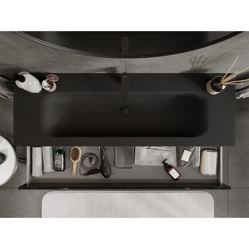 Mexen Orio kúpeľňová skrinka 140 cm s umývadlom Vela, 2 zásuvky, čierny lesk/čierny mat - 91A10-14047-2-BFF70-W23M71