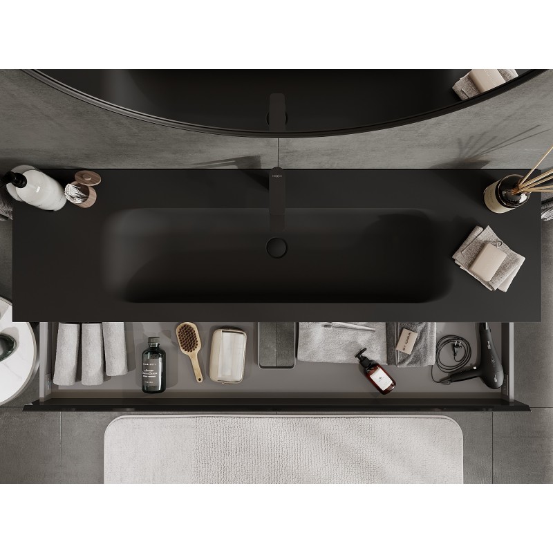 Mexen Orio kúpeľňová skrinka 160 cm s umývadlom Vela, 2 zásuvky, čierny lesk/čierny mat - 91A10-16047-2-BFF70-W23M71