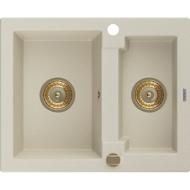 Mexen Carlos granitový drez 1,5-komorový 582 x 475 mm, béžový, zlatý sifón - 6518581500-69-G