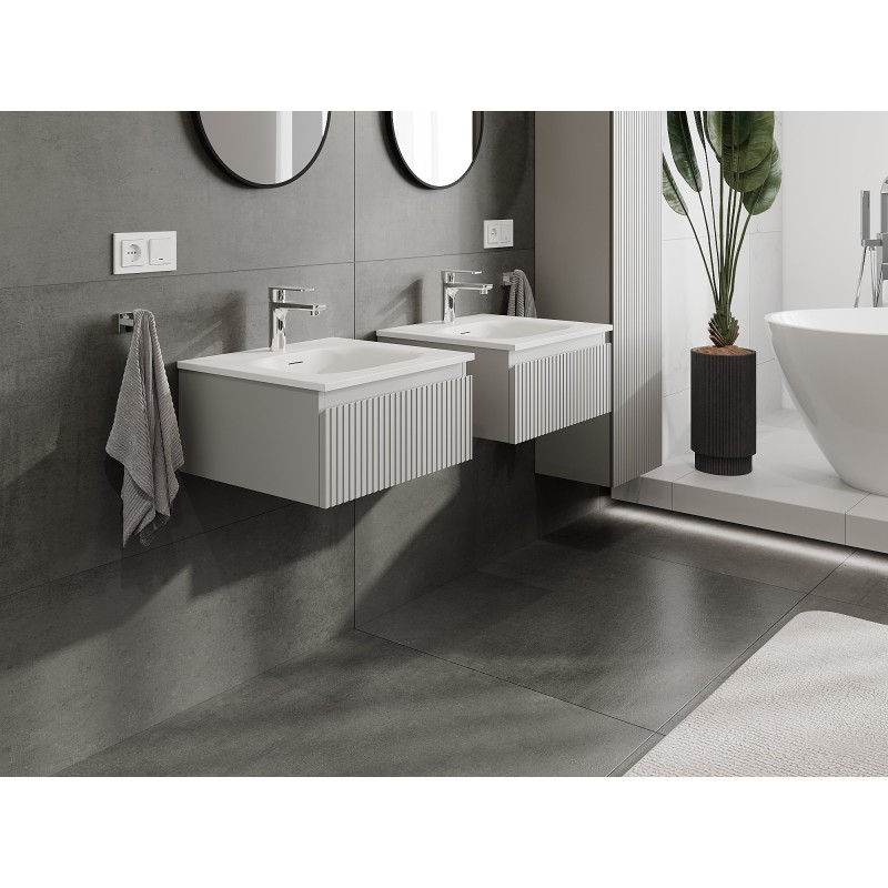 Mexen Rivel kúpeľňová skrinka 50 cm s umývadlom Vela, 1 zásuvka, drážkovaná, sivá matná/biela matná - 91A20-05023-1-BF62-W23M01