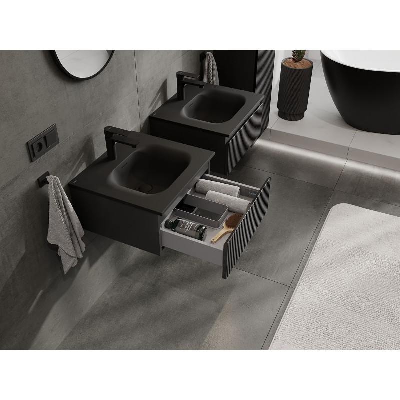 Mexen Rivel kúpeľňová skrinka 50 cm s umývadlom Vela, 1 zásuvka, ryhovaná, čierna mat - 91A20-05023-1-BF71-W23M71