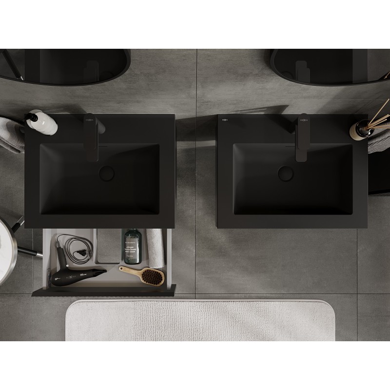 Mexen Rivel kúpeľňová skrinka 60 cm s umývadlom Otis, 1 zásuvka, drážkovaná, čierna matná - 91A20-06023-1-BF71-W18M71