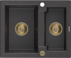 Mexen Carlos granitový drez 1,5-komorový 582 x 475 mm, čierny kropenatý, sifón zlatý - 6518581500-76-G