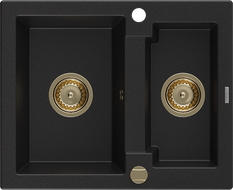 Mexen Carlos žulový kuchynský drez 1,5-komorový 582 x 475 mm, čierny, sifón zlatý - 6518581500-77-G