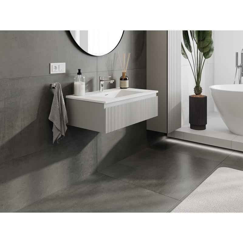 Mexen Rivel kúpeľňová skrinka 80 cm s umývadlom Otis, 1 zásuvka, ryhovaná, sivá matná/biela matná - 91A20-08023-1-BF62-W18M01