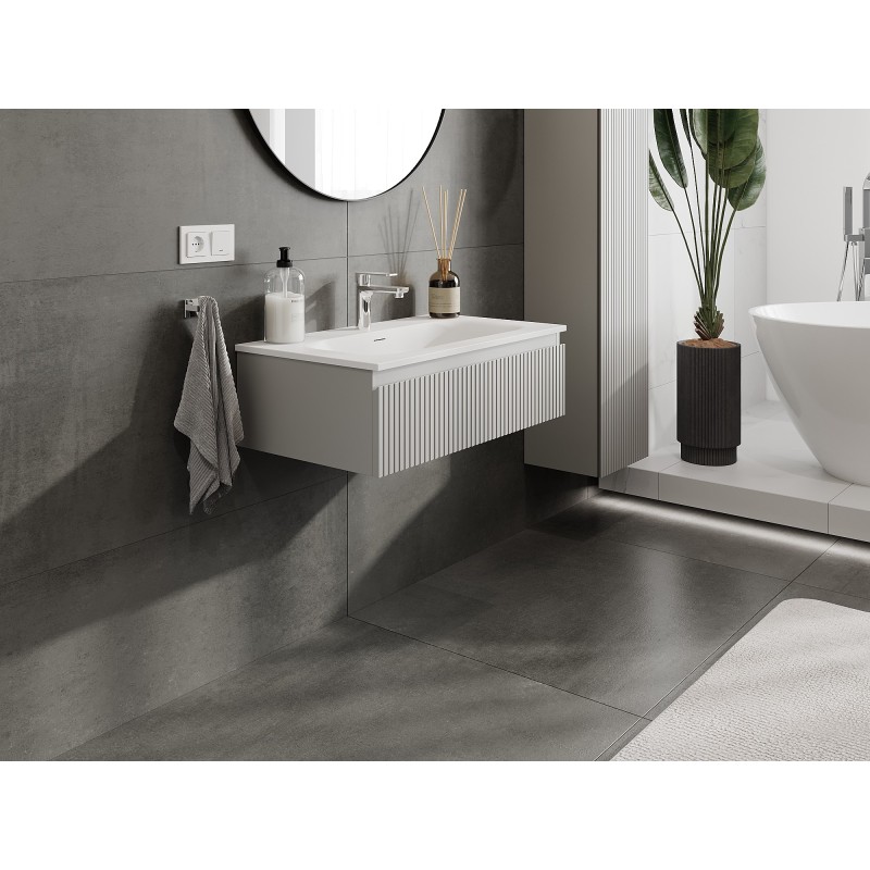 Mexen Rivel kúpeľňová skrinka 80 cm s umývadlom Vela, 1 zásuvka, ryhovaná, sivá mat/biela mat - 91A20-08023-1-BF62-W23M01