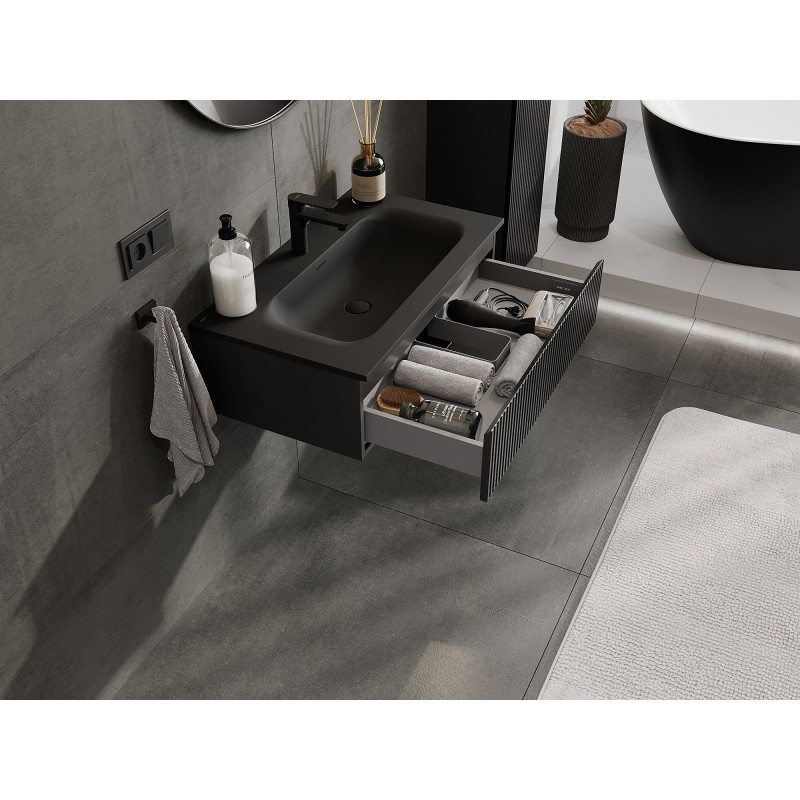Mexen Rivel kúpeľňová skrinka 80 cm s umývadlom Vela, 1 zásuvka, ryhovaná, čierna matná - 91A20-08023-1-BF71-W23M71