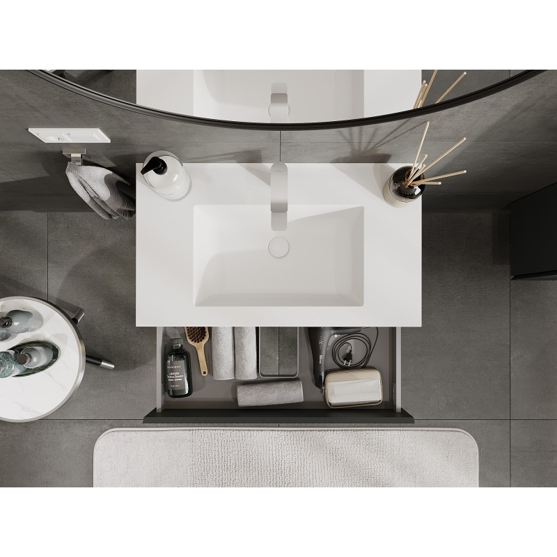 Mexen Rivel kúpeľňová skrinka 80 cm s umývadlom Otis, 2 zásuvky, ryhovaná, grafitová matná/biela matná -