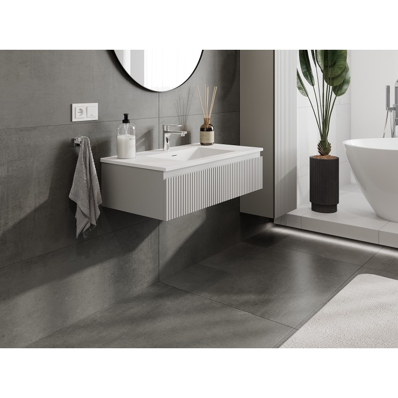 Mexen Rivel kúpeľňová skrinka 90 cm s umývadlom Otis, 1 zásuvka, drážkovaná, šedá matná/biela matná - 91A20-09023-1-BF62-W18M01