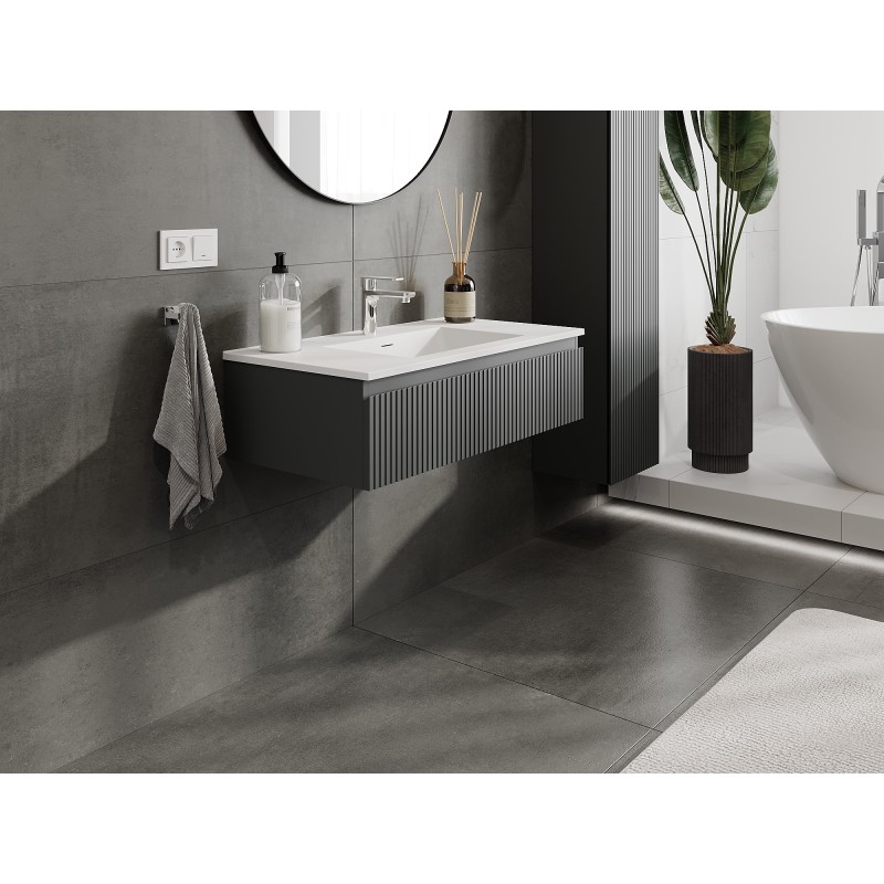 Mexen Rivel kúpeľňová skrinka 90 cm s umývadlom Otis, 1 zásuvka, ryhovaná, grafit mat/biela mat