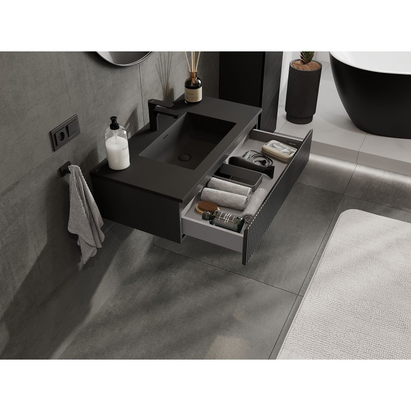 Mexen Rivel kúpeľňová skrinka 90 cm s umývadlom Otis, 1 zásuvka, rýhovaná, čierna mat - 91A20-09023-1-BF71-W18M71