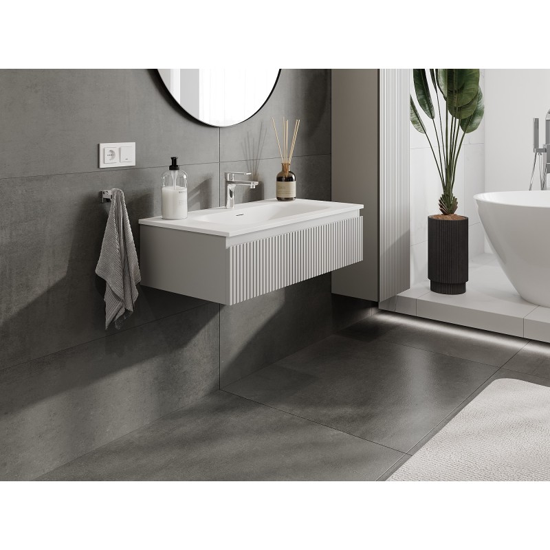 Mexen Rivel kúpeľňová skrinka 90 cm s umývadlom Vela, 1 zásuvka, drážkovaná, sivá matná/biela matná - 91A20-09023-1-BF62-W23M01