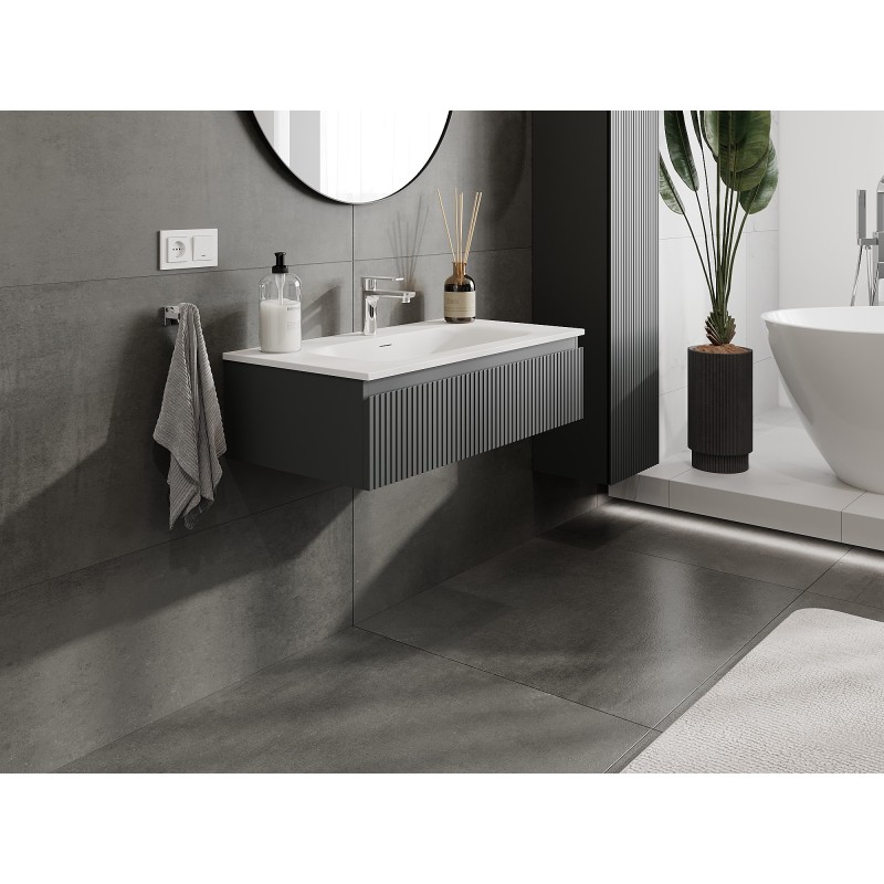 Mexen Rivel kúpeľňová skrinka 90 cm s umývadlom Vela, 1 zásuvka, ryhovaná, grafit mat/biela mat - 91A20-09023-1-BF66-W23M01