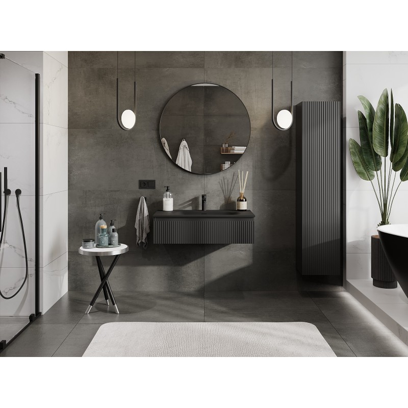 Mexen Rivel kúpeľňová skrinka 90 cm s umývadlom Vela, 1 zásuvka, ryhovaná, čierna mat - 91A20-09023-1-BF71-W23M71