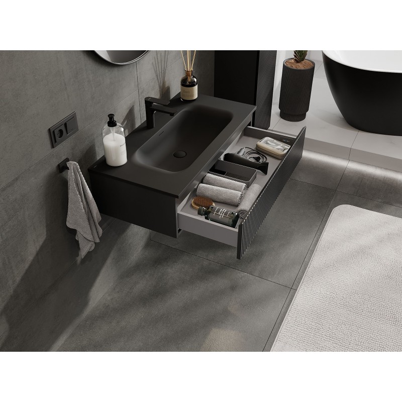 Mexen Rivel kúpeľňová skrinka 90 cm s umývadlom Vela, 1 zásuvka, ryhovaná, čierna mat - 91A20-09023-1-BF71-W23M71