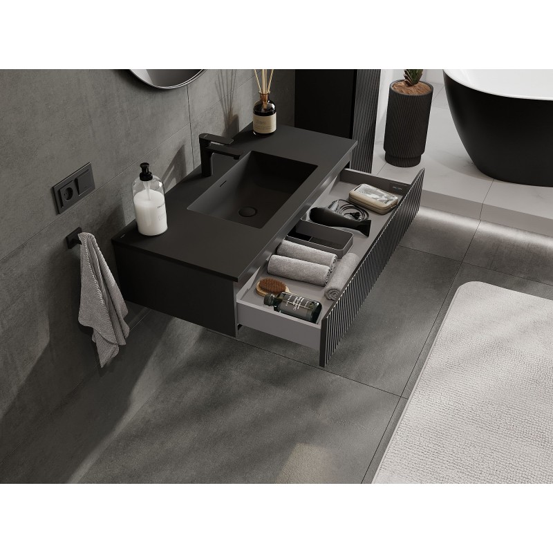 Mexen Rivel kúpeľňová skrinka 100 cm s umývadlom Otis, 1 zásuvka, ryhovaná, čierna matná - 91A20-10023-1-BF71-W18M71