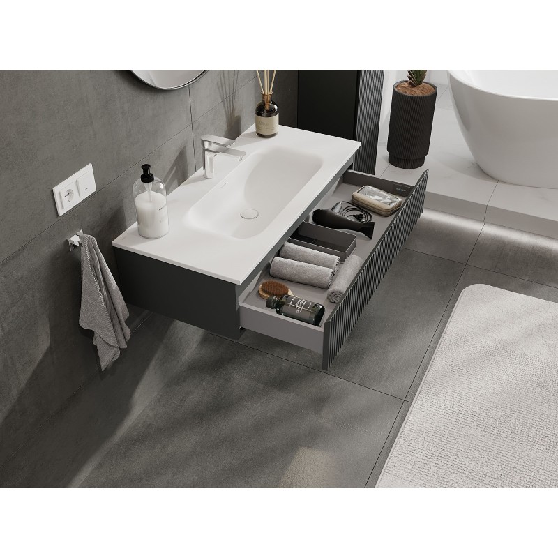 Mexen Rivel kúpeľňová skrinka 100 cm s umývadlom Vela, 1 zásuvka, ryhovaná, grafit mat/biela mat - 91A20-10023-1-BF66-W23M01
