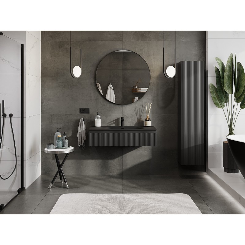 Mexen Rivel kúpeľňová skrinka 100 cm s umývadlom Vela, 1 zásuvka, rebrovaná, čierna matná - 91A20-10023-1-BF71-W23M71