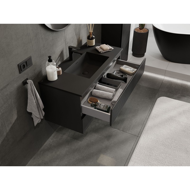 Mexen Rivel kúpeľňová skrinka 100 cm s umývadlom Otis, 2 zásuvky, ryhovaná, čierna matná - 91A20-10047-2-BFF71-W18M71