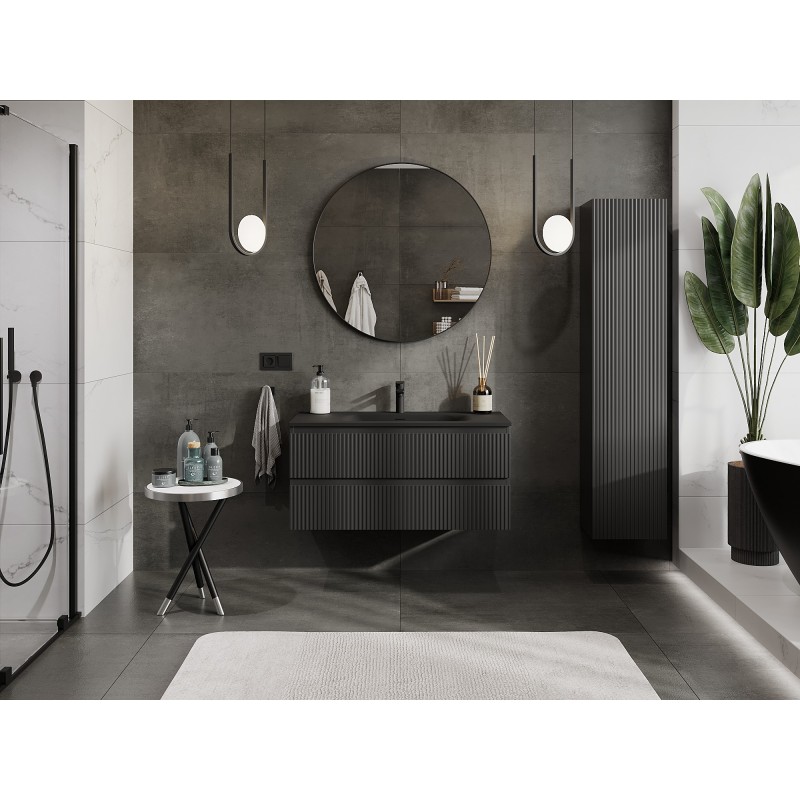Mexen Rivel kúpeľňová skrinka 100 cm s umývadlom Vela, 2 zásuvky, ryhovaná, čierna matná - 91A20-10047-2-BFF71-W23M71