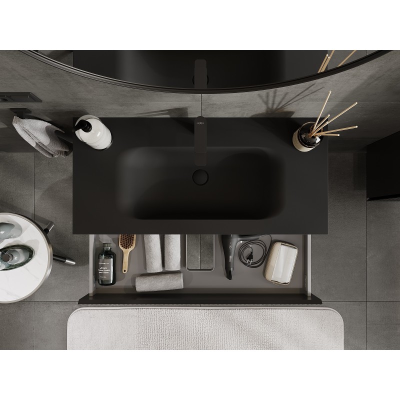 Mexen Rivel kúpeľňová skrinka 100 cm s umývadlom Vela, 2 zásuvky, ryhovaná, čierna matná - 91A20-10047-2-BFF71-W23M71