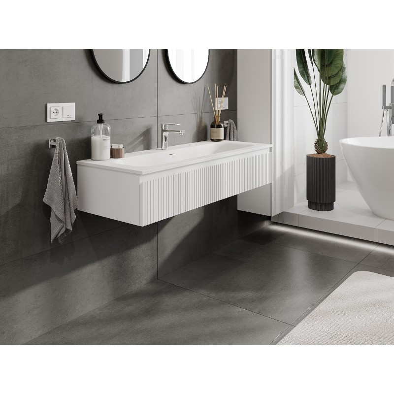 Mexen Rivel kúpeľňová skrinka 120 cm s umývadlom Vela, 1 zásuvka, ryhovaná, biela matná - 91A20-12023-1-BF01-W23M01