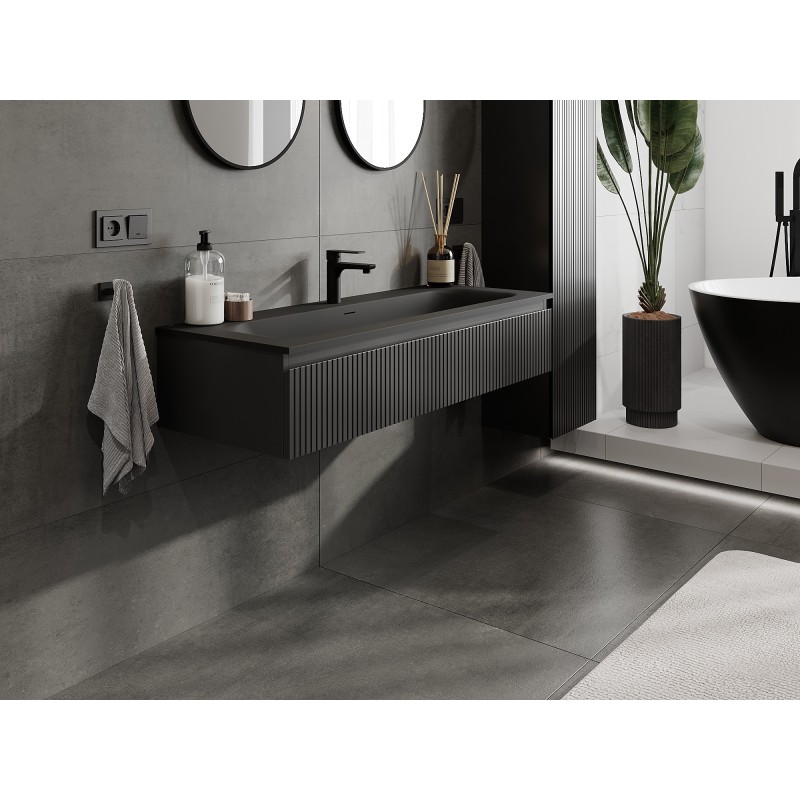 Mexen Rivel kúpeľňová skrinka 120 cm s umývadlom Vela, 1 zásuvka, ryhovaná, čierna matná - 91A20-12023-1-BF71-W23M71